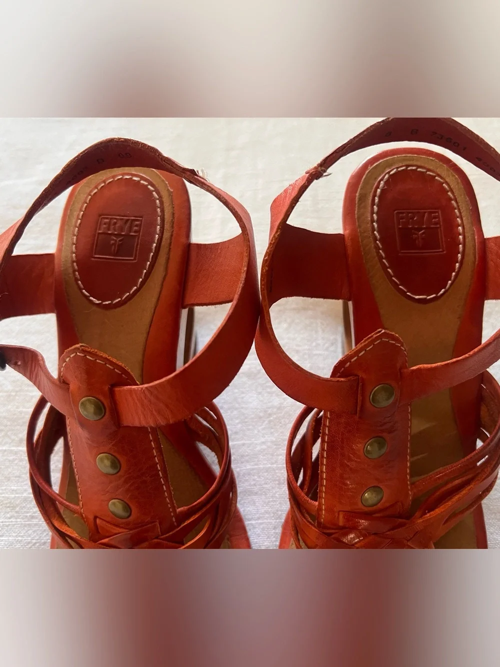 Frye Gabriella Orange Leather Wooden Wedge Sandals - Size 8